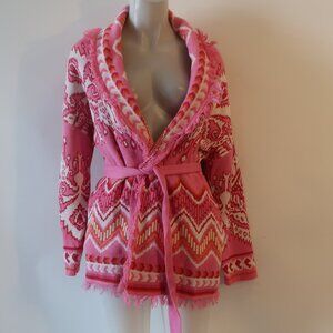 NWT Womens Tina Demel Kennedy Jacquard Pink, White Belted Cardigan Sweater S